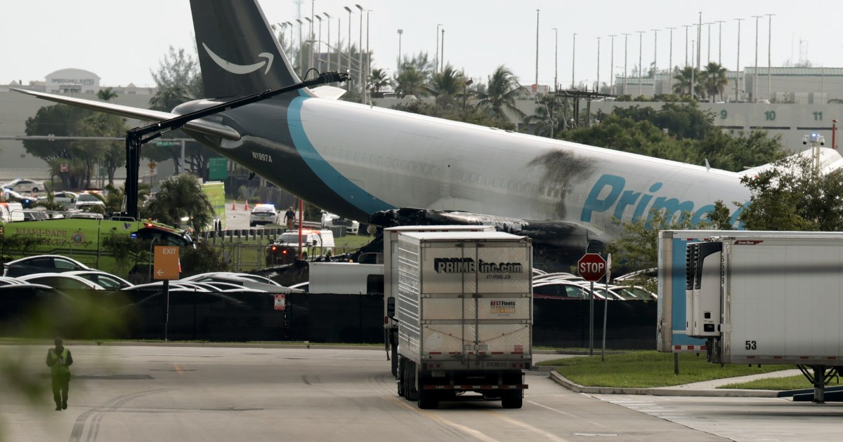 Amazon-branded cargo plane overruns runway at Miami airport, strikes multiple vehicles - NBC News