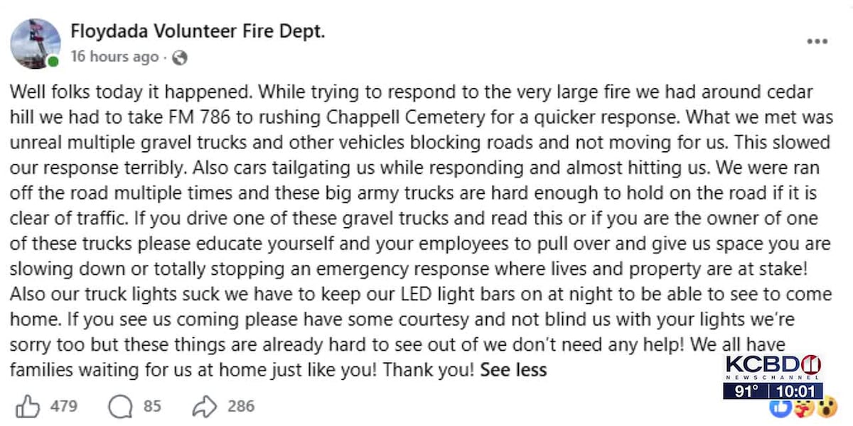 Floydada VFD reports fire response delayed by traffic, vehicles blocking their path - fox34.com